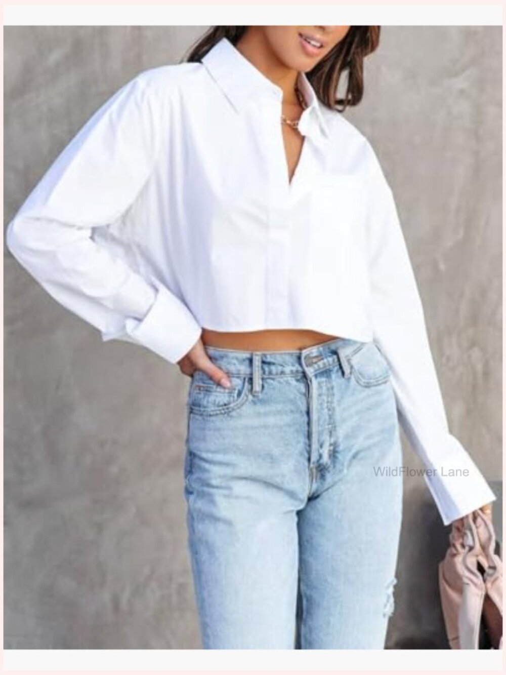 Women Cropped Long Sleeve Button Down Shirt with Pocket - Solid Casual Blouse - Picture 4 of 7